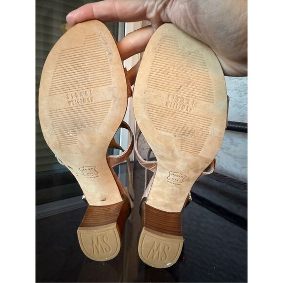 Stuart Weitzman Strappy Sandals‎ Heel Womens 8.5M Beige Croc Embossed Leather - Picture 9 of 10